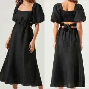 ASTR The Label Angeles Puff Sleeve Cutout Linen Dress Black S NWT